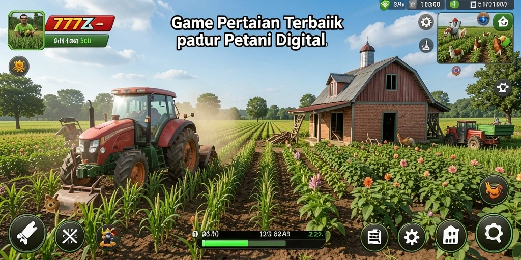 Screenshot gameplay 777ZX menampilkan ladang yang hijau dan hewan ternak aktif.