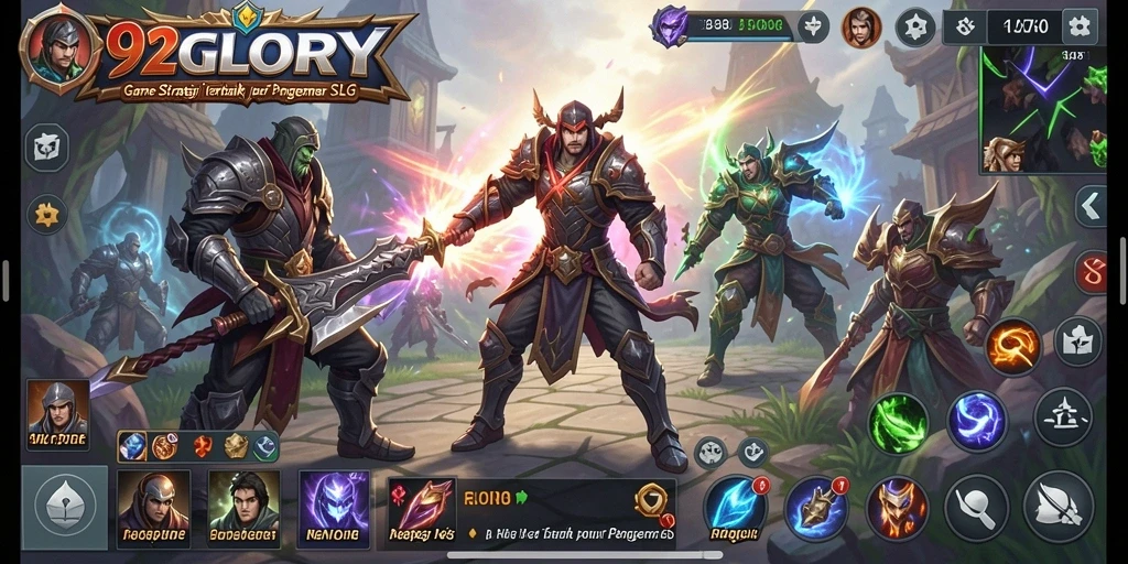 Screenshot utama menunjukkan pertempuran strategis dalam 92GLORY.